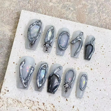 10Pcs Aurora Cat Eye Fake Nails 3D Hand-painted Metal Line with Diamond Design False Nail Press on Wearable Simple Nail Tips Art